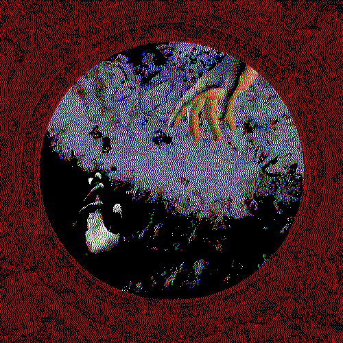 a square canvas with an ornate window, within lies a hand reaching for help and another reaching for opportunity against an inverted background of deforestation.